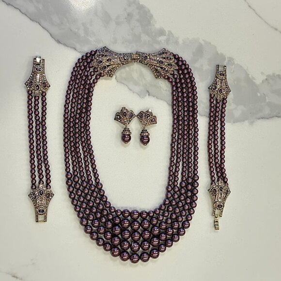 Rare Heidi Daus Age of Elegance Aubergine Pearls 5-string Jewelry Set - Picture 13 of 14